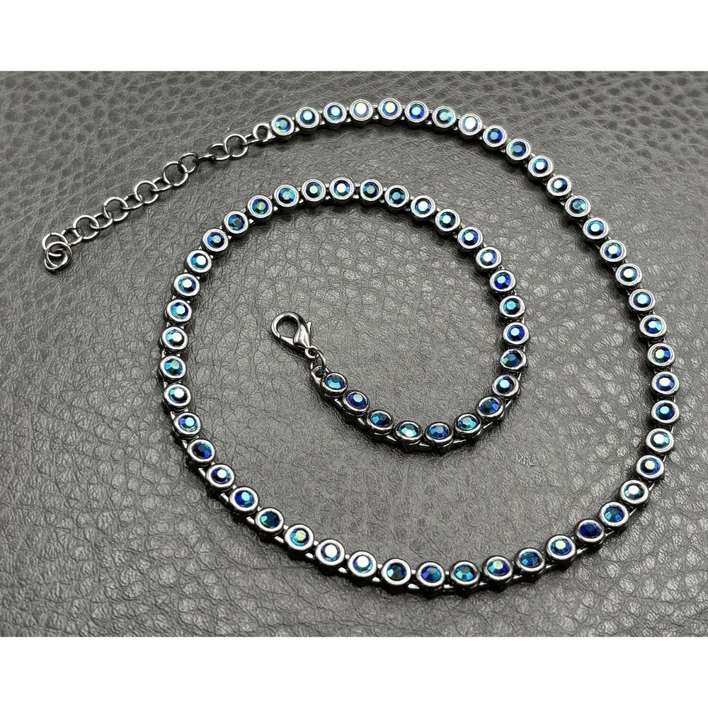 Japanned Dark Silver Tone Blue Aurora Borealis Crystal Tennis Necklace 17-19